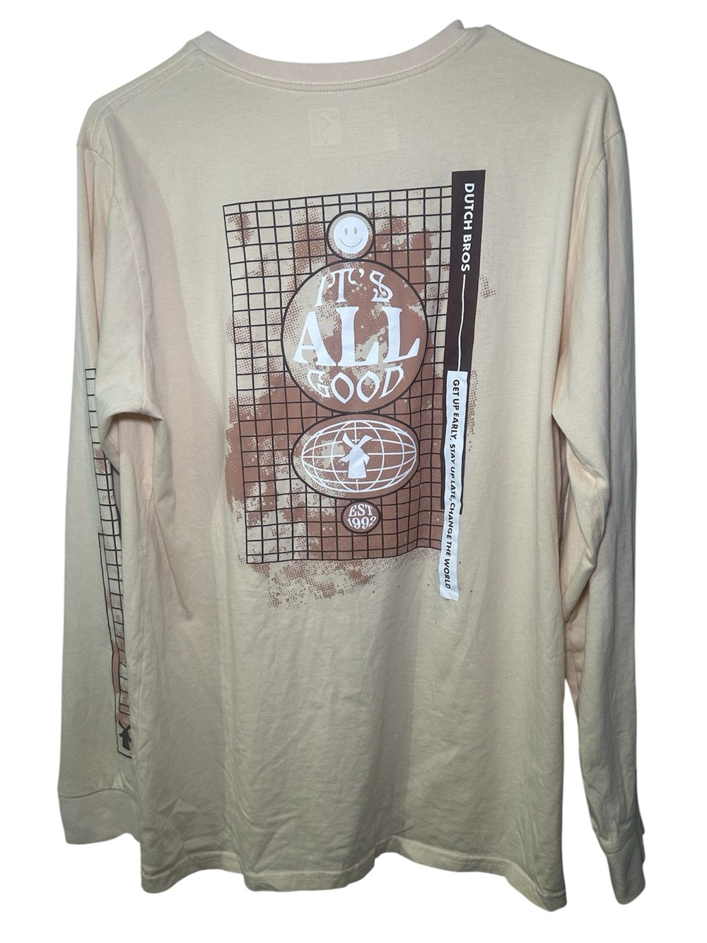 Dutch Bros Coffee Beige Long Sleeve Graphic Tee Brown Print Large 100% Cotton
